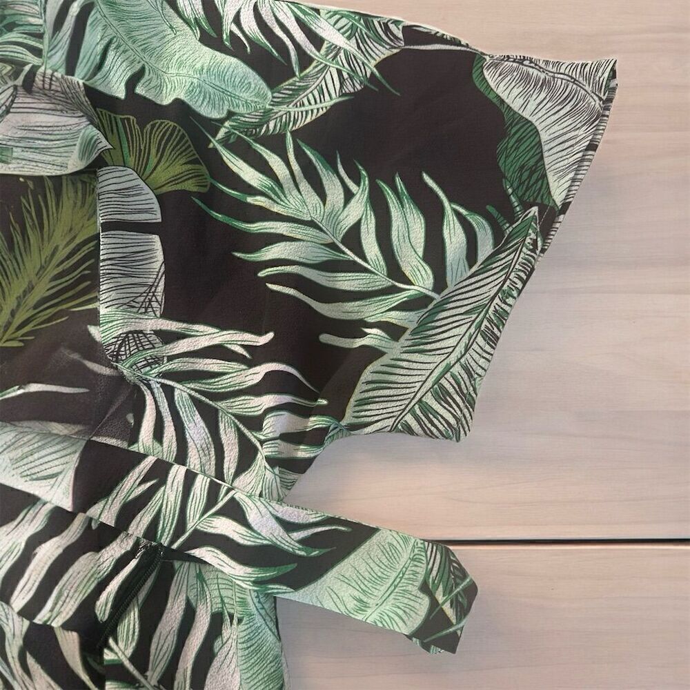 Floerns Tropical Leaf Print V-Neck Cut Out Back Dress Flutter Sleeve Tie-Back - Picture 5 of 9